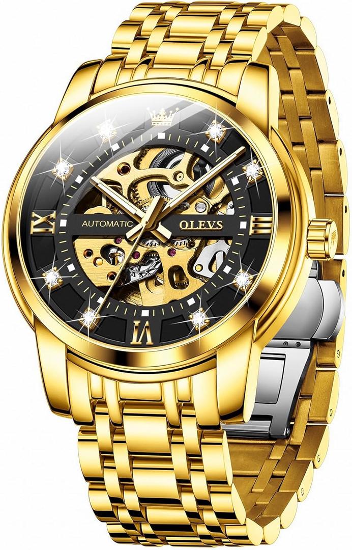 OLEVS Mens Automatic Watch Skeleton Diamond Luxury Mechanical Self Winding Dress Wrist Watch Waterproof Luminous (G9901: Gold band & Black dial)