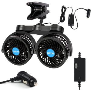 Car Fan Adjustable Dual Head 12V 360 Rotatable 4 Inches Car Clip Fan for Front/Rear Seat Passenger Car Essentials Cooler with Stepless Speed Regulation for Vehicle SUV, RV