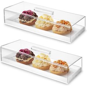 2PCS Acrylic Rectangular Serving Tray with Lid - Grey Black Marbleized Grain Cake Holder, Cake Stand Display Set for Cheese, Chips, Fruit Platter