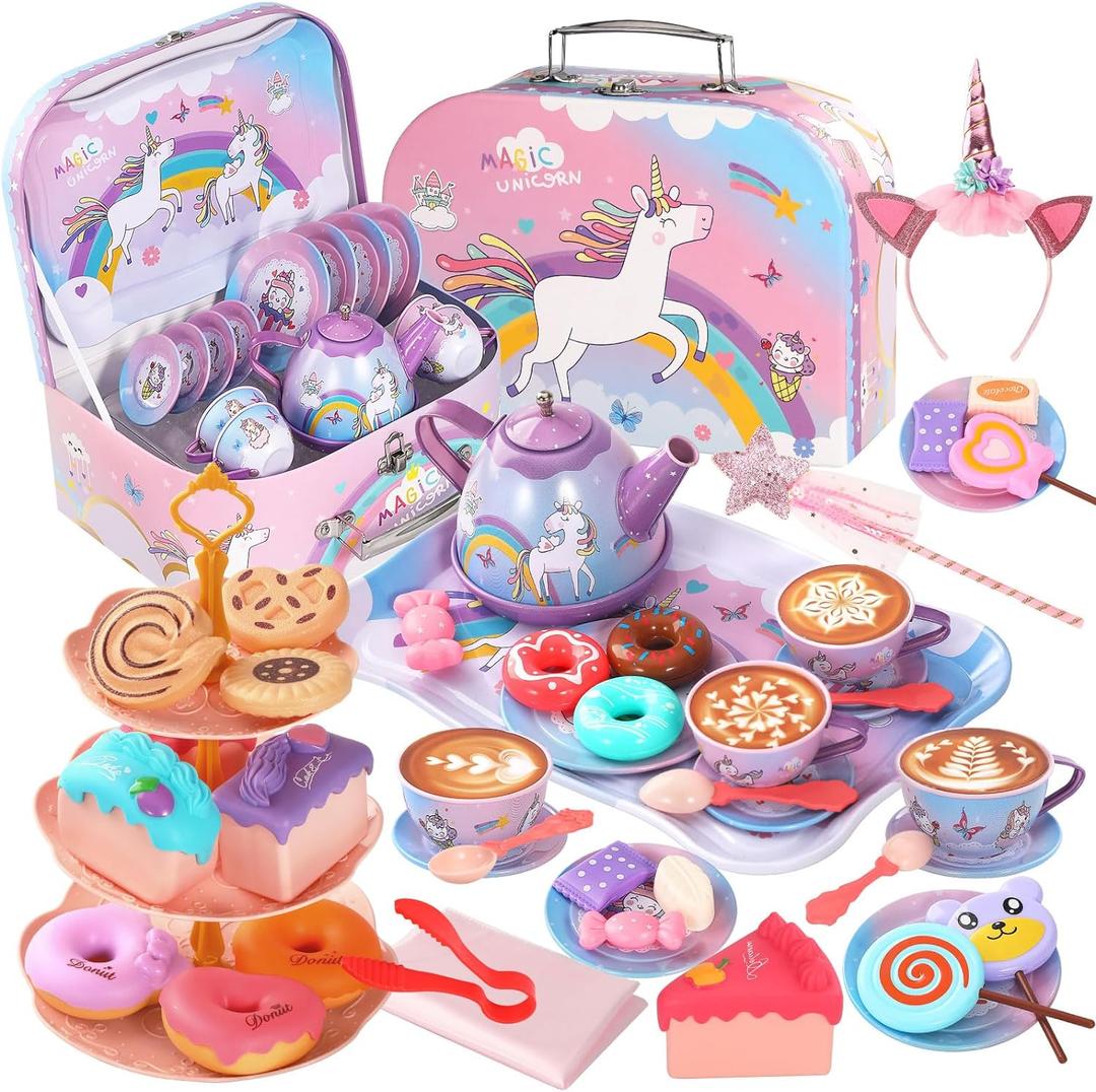 55Pcs Tea Party Set for Little Girls, Princess Tea Party Set, Unicorn Kid Tin Tea Set,Kids Kitchen Pretend Toy, Toddler Tea Party Sets for Girls 3-5, Girls Tea Party Set Gift for 4 + Year Old Girl