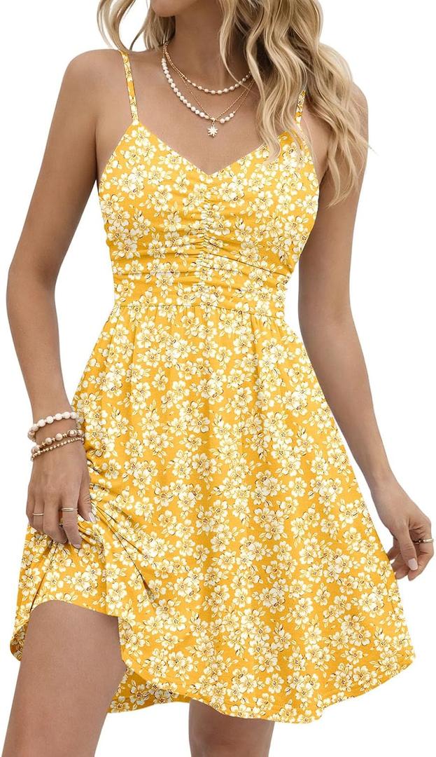 oten Women Summer Ruched Sleeveless Adjustable Spaghetti Strap Mini Dress | Backless, Floral Print, V Neck, Vacation, Party, Graduation, Cruise, Flowy Boho Floral Beach Dresses (Yellow, S)
