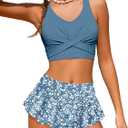Qaoerde Girls Swimsuit 2 Piece Girls Tankini Criss Cross Swimsuit Tropical Print Ruffle Bottom Bathing Suits for Girls (9-10 Years, Grey Blue Floral)