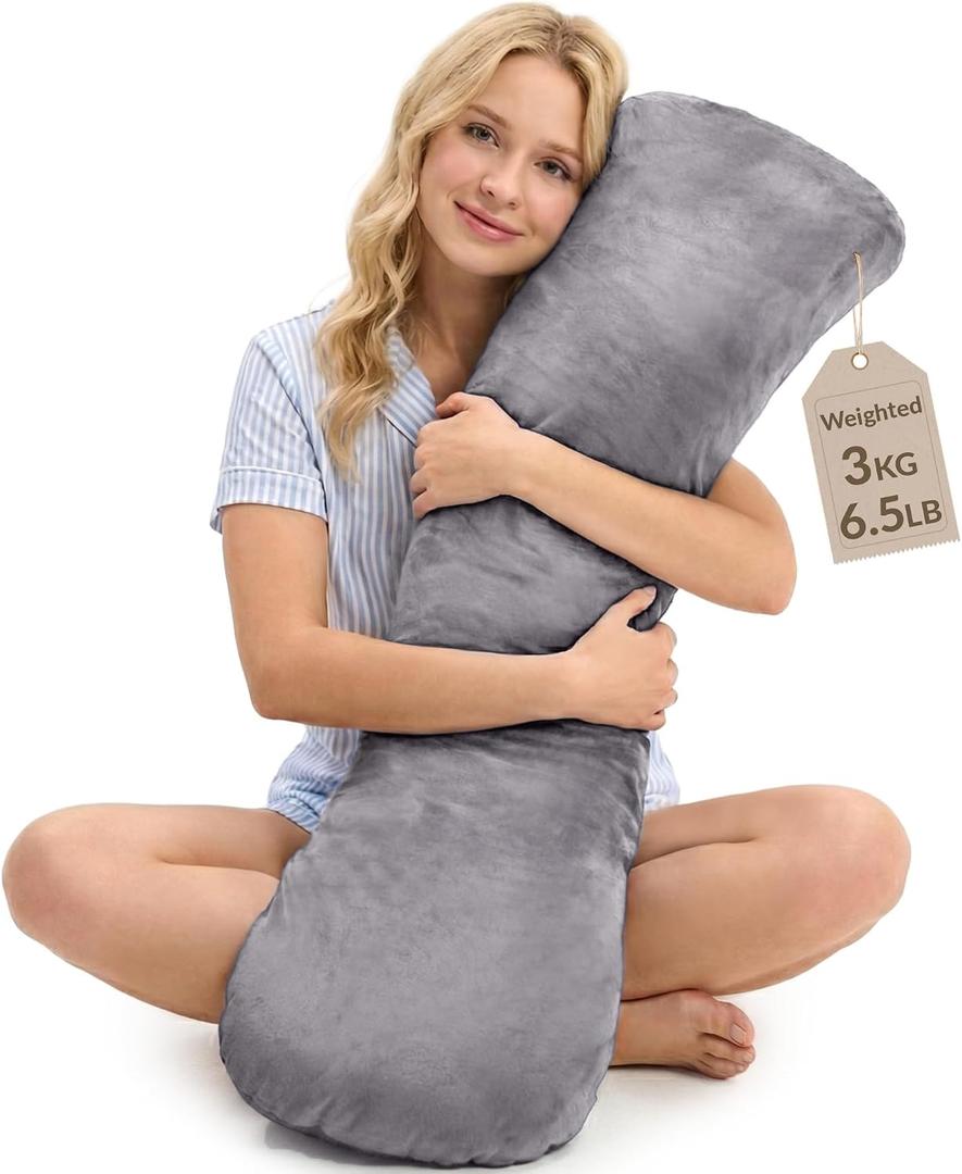 ODOXIA Weighted Pillow for Adults 6.5lbs (41" x 12") | Sleep Better & Feel Calm | Weighted Body Pillow for Stress Relief | Sleeping Hugging Pillows for Adults | Helps to Focus | Pillow (Grey, Big)