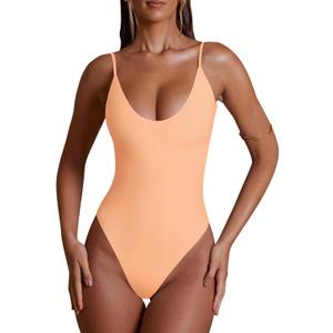 REORIA Womens Summer Sexy Deep Round Neck Double Lined Sleeveless Trendy Going Out Bodysuit Tank Tops (Large, Peach Fuzz)