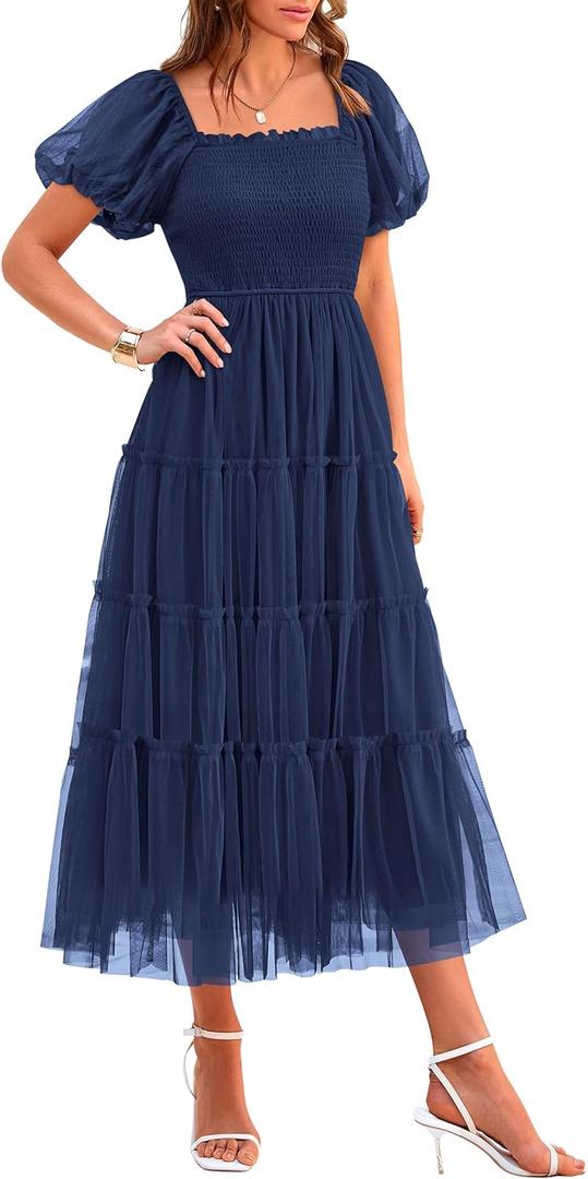 PRETTYGARDEN Women's Smocked Midi Tulle Dress 2025 Summer Puffy Short Sleeve Square Neck Ruffle Wedding Guest Party Dresses (Large, Navy)