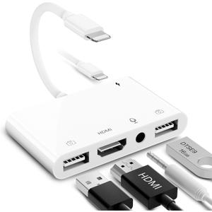 Lightning to HDMI Adapter for iPhone/iPad to TV, Dual USB OTG Adapter with Microphone Input for Live-Streaming, MIDI Keyboard, Mouse, HD TV/Projector/Monitor Compatible (White)