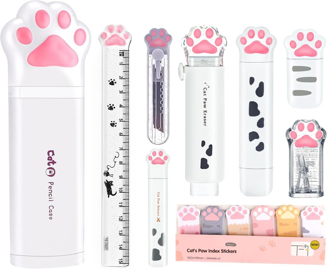 Cute School Supplies,Stationary Gift Set, Japanese Stationery Birthday GIFS, Includes Pencil Sharpener,Eraser, Correction Tape, Ruler, Mini Scissors,Utility Knife, for Office School Supplies (White)
