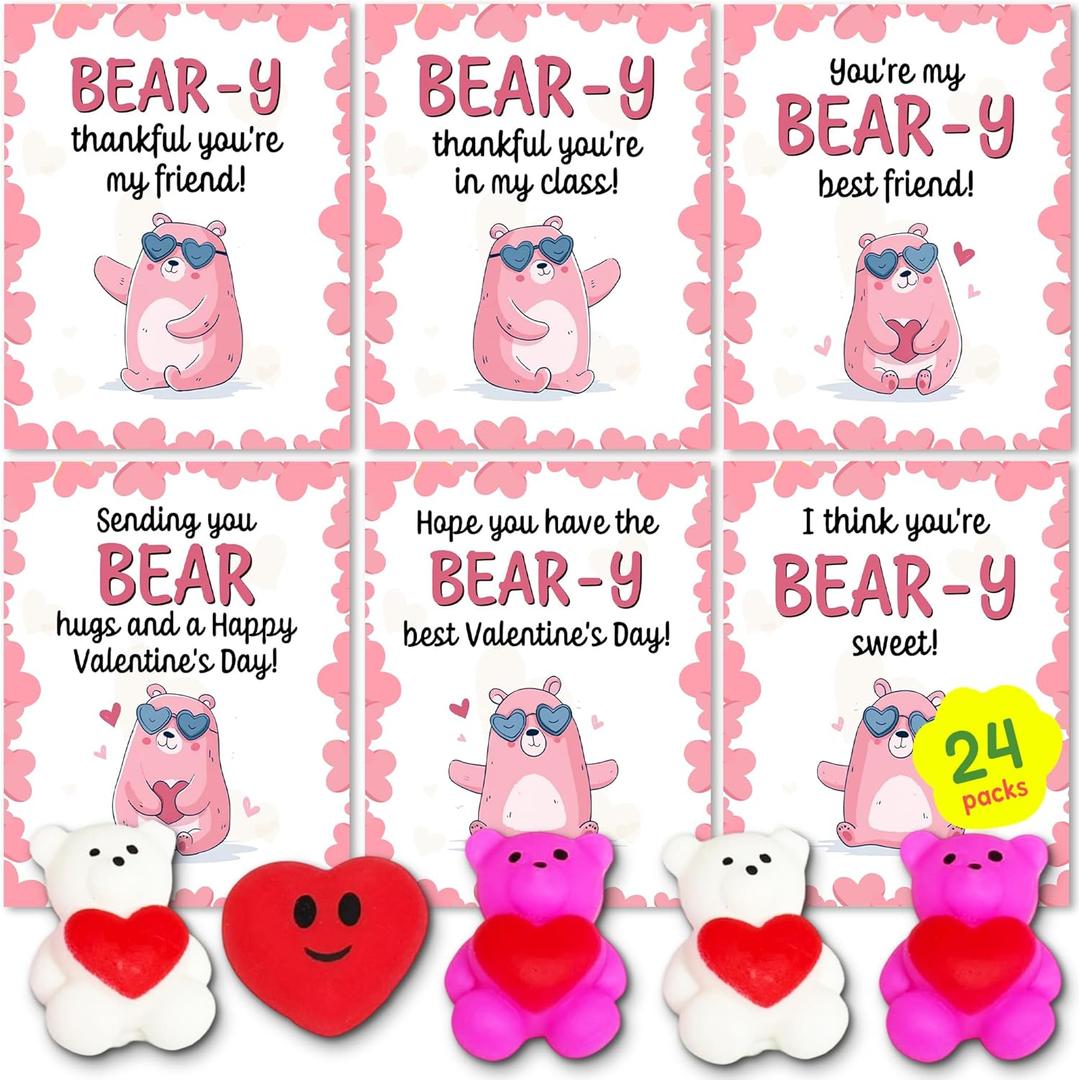 Valentines Day Cards for Kids School, Bear Designs of Valentine Cards with 24 Crads & 24 Bear squishies for Valentine's Day Kids Classroom Gifts Exchange Party Favors for Boys Girls