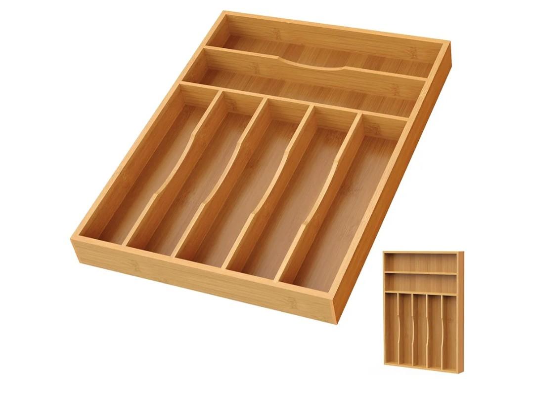 Bamboo Silverware Organizer, Bamboo Kitchen Drawer Cutlery Organizer, Utensil Holder, Flatware Organizer Tray (15.8"x11.7"x1.6")