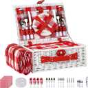 Picnic Baskets Wicker Willow Picnic Set for 4 Persons with Insulated Cooler Bag and Waterproof White Red Picnic Blanket Gift for Christmas Thanksgiving Wedding Birthday Camp Outdoor Beach Travel