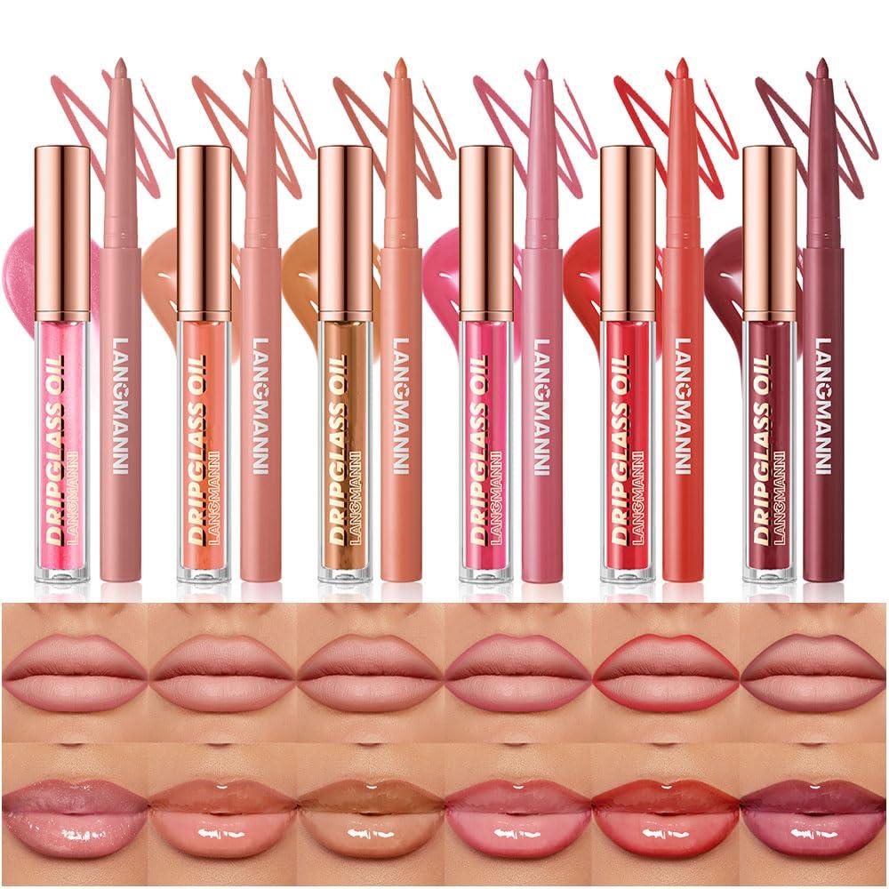 12pcs Hydrating Lip Oils + Lip Liner Pencil Lip Combo Sets, 24H Long-Lasting Lip Kit with Lip Liner and Gloss, Nourishing, Non-Sticky Tinted Stain Lip Gloss Plumping Lip Oil Set for Women