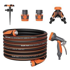 Giraffe Tools 100FT Garden Hose 5/ 8'' Set with 10-Pattern Spray Nozzle, Quick Connects & Ground Spinkler, for Garden Greenhouse Flower Bed Garden Water Hose