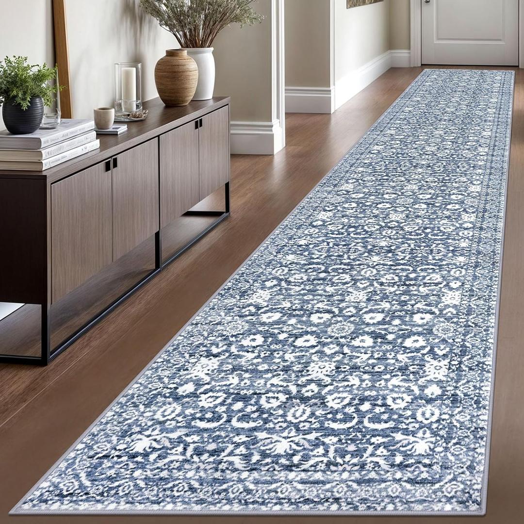 Lansny Runner Rug 2.6x16, Light Blue White Washable Long Hallway Rug Runner Non-Slip Soft Kitchen Runner Thin Printed Faux Wool Super Soft Carpet for Entryway Bedroom Laundry Room Indoor Home Decor