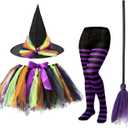 SATINIOR Halloween Witch Costume Set for Girls - Tutu Skirt, Striped Tights, Hat, and Plastic Broom for Cosplay Party Favors Supplies