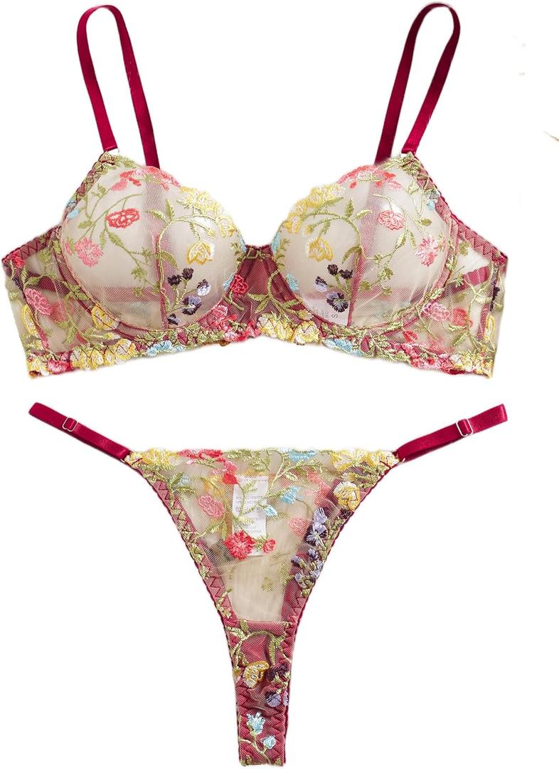 Sexy Floral Embroidered Flower Mesh Underwire Push Up Lingerie Set (Small)