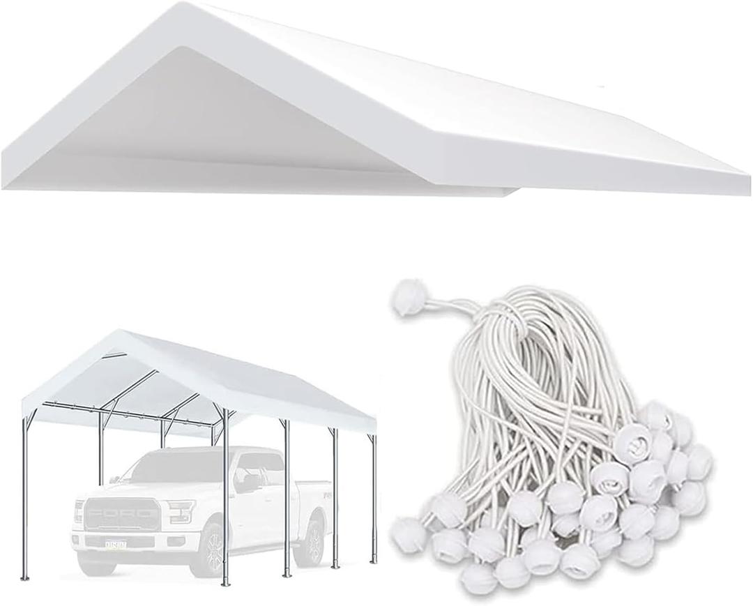 Upgraded Carport Replacement Canopy Cover for 10 x 20 Car Tent Top Garage Shelter Cover Tarp with Ball Bungees (Only Top Cover, Frame Not Include) White