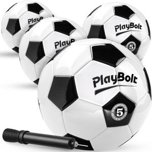 PlayBolt Soccer Ball Size 5 with Pump - Black & White Training Practice & Match Ball for Kids, Youth and Adults (Pack of 1 or 4)