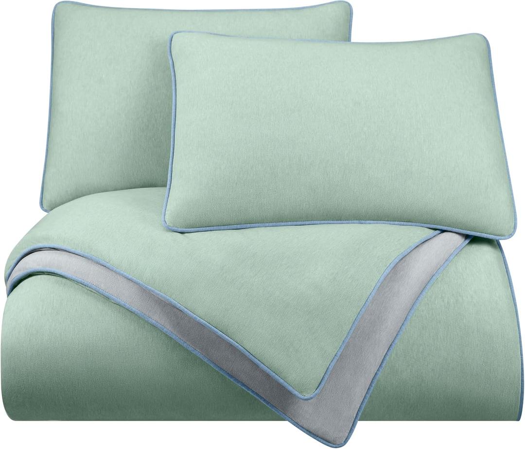 Vellux Solid Jersey Knit 2-Piece Twin Comforter Set - Cotton Blend - Ultra-Soft & Cozy T-Shirt - Light Weight - Breathable - Down Alternative - Bedding for All-Season Comfort (68 x 88, Sage/Gray)