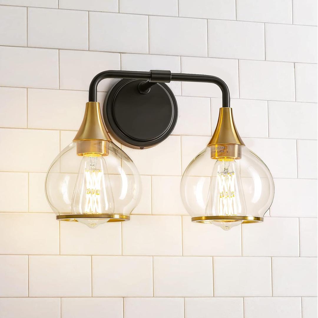 Black and Gold Bathroom Light Fixtures 2-Lights Vanity Lights with Clear Glass Shade Bathroom Vanity Light 14 Inch Wall Sconces(Exclude E26 Bulb), 2 Light with Clear Globe