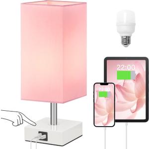 Table Lamp with 2 USB Charging Ports, 3 Way Touch Lamps Beside Desk, Nightstand Lamp for Bedrooms Living Room, Pink Shade with White Base, LED Bulb Included(Pink)
