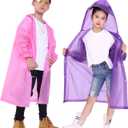 Kids Rain Jacket, 2 Pack Rain Ponchos for Kids - Reusable Raincoats for Boys and Girls Waterproof Outdoor Rain Gear (6-11 Years, L: Pink + Purple)
