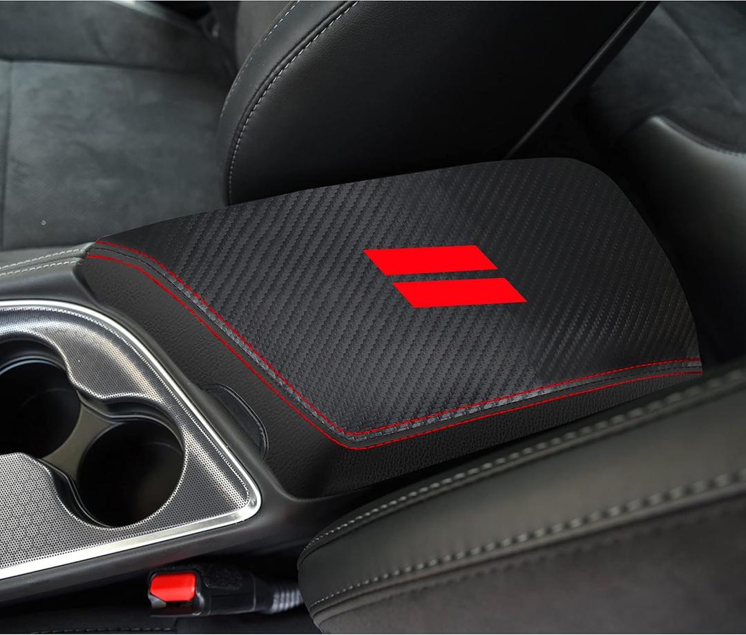 YOSRTER for Dodge Challenger Accessories 2015 2016 2017 2018 2019 2020 2021 2022 2023 2024 Dodge Challenger Center Console Armrest Cover Interior Anti-Scratch Leather Center Armrest(Carbon Fiber Red