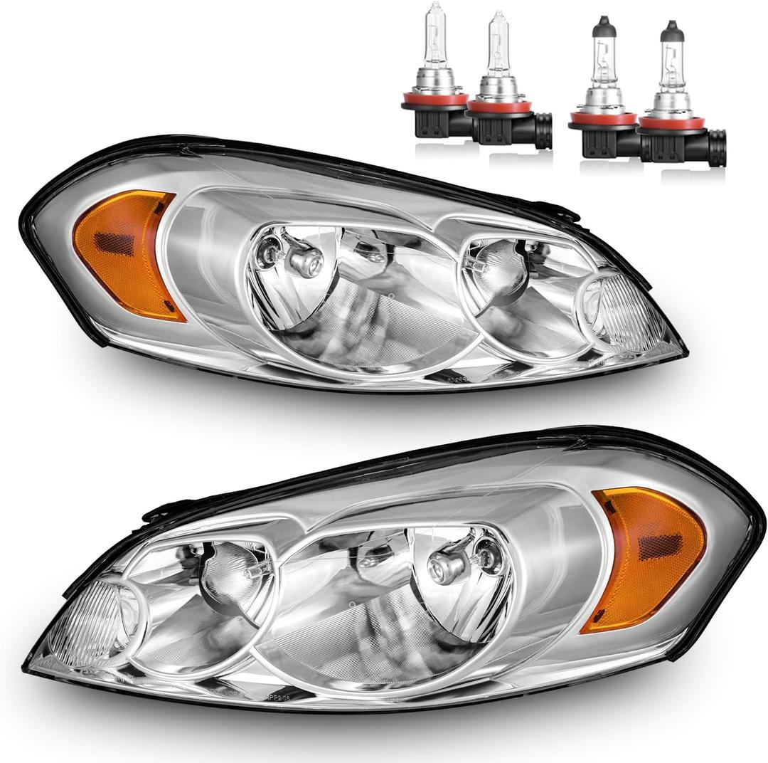 Headlights W/Bulbs for 2006-2013 Chevy Impala, 2006-2007 Chevy Monte Carlo, 2014-2016 Impala Limited Halogen Headlamp Replacement Driver & Passenger Side