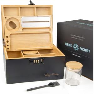 Lockable Storage Box with Combination Lock  Compact Bamboo Wooden Organizer with Tray, Discreet Private Storage for Home (Bin Size :9.5 x 7.1 x 5.3 in) (Black)