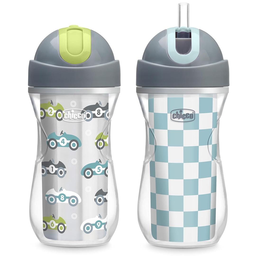 Chicco Insulated Straw Sippy Cup 12+ Months, 9oz Toddler Training Cup with Spill-Free Flip-Top Lid, BPA-Free 2-Pack, Cars/Checkers (One-Size)