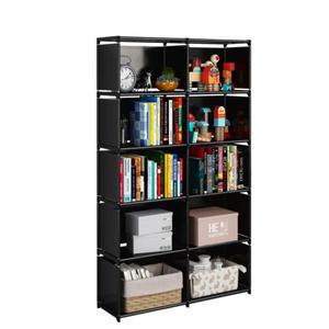 JIUYOTREE 6-Tiers Portable Bookshelf with Fabric Cloth at Back, 10 Cube Closet Storage Organizer Bookcase, Living Room,Study Room,Bedroom, Black