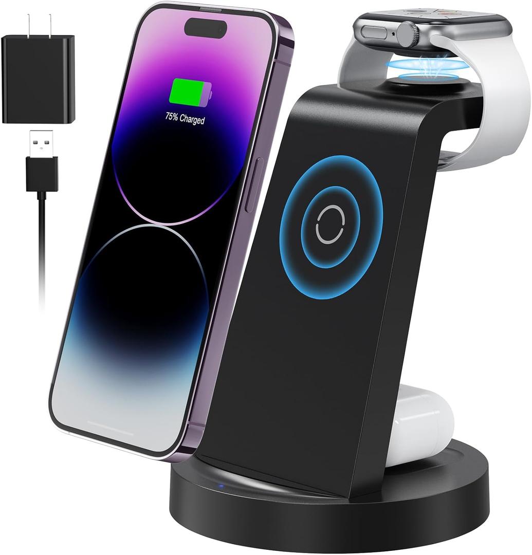 3 in 1 Charging Station for Apple Device, Wireless Charger for iPhone 16e 16 15 14 13 12 11 Pro Max & Apple Watch iwatch- Charging Stand Dock for AirPods (Black)