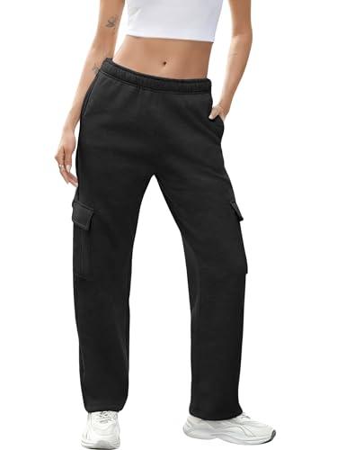 QIBABU Womens Fleece Cargo Sweatpants Casual Baggy Wide Leg Jogger Pants Athletic Open Bottom with Pockets(1777-Black-S-QB) M