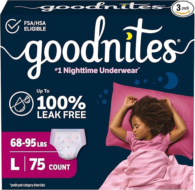 Goodnites Girls' Nighttime Bedwetting Underwear, Size Large (68-95 lbs), 75 Ct (3 Packs of 25)