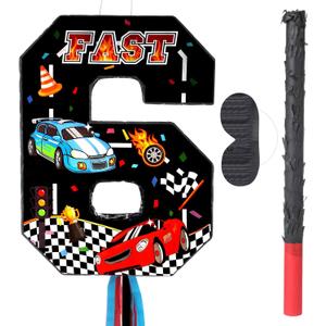 Race Car Piata Pull String Cars Piatas for Birthday Party Decorations Number 2 3 4 5 6 with Blindfold Stick Small Red Black Racing Theme 2nd 3rd 4th 5th 6th Party Supplies