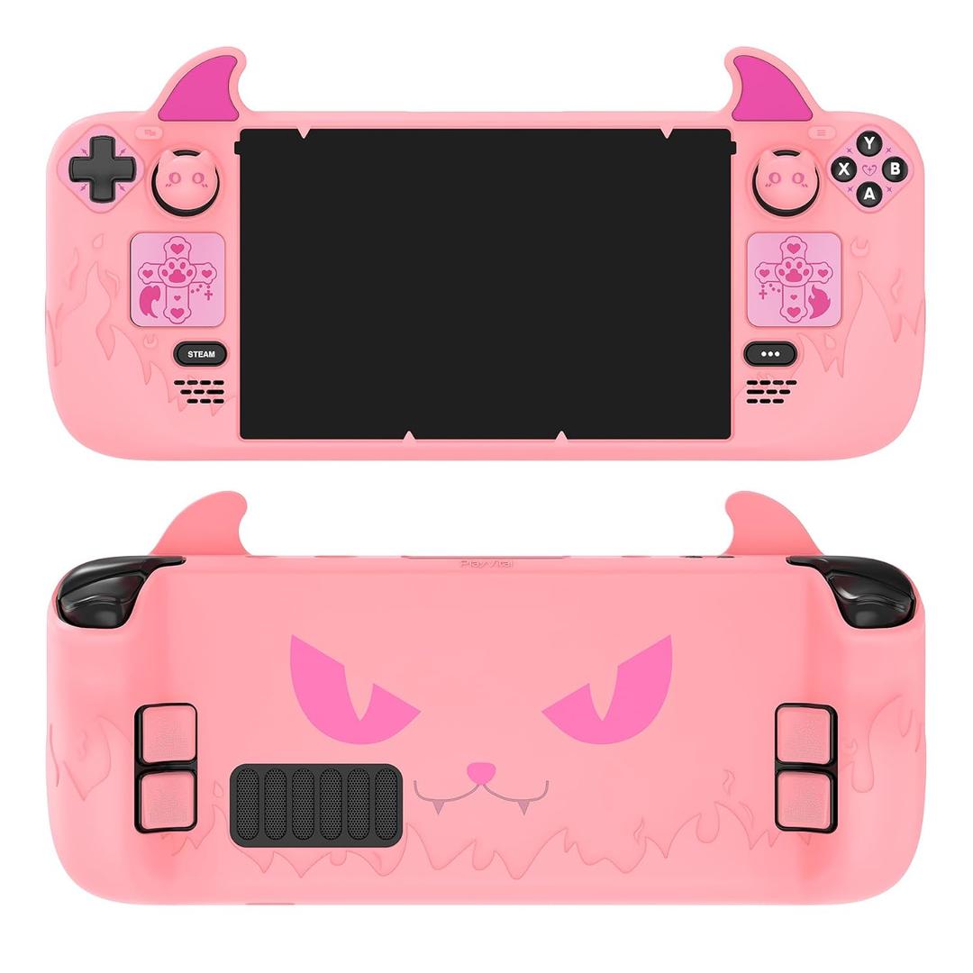 PlayVital Cute Demon Protective Case for Steam Deck LCD & OLED, Kawaii Anti-Slip Protector for Steam Deck OLED with Thumb Grip Caps & Trackpads Stickers & Back Button Enhancement Set - Pink