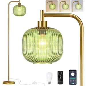 Glass Floor Lamp for Living Room,Bedroom,Gold Dimmable Standing Lamp with Remote,Mid Century Modern Brass Boho Tall Lamp Vintage Retro Floor Lamps Green Industria Floor Light Lamp Bohemian