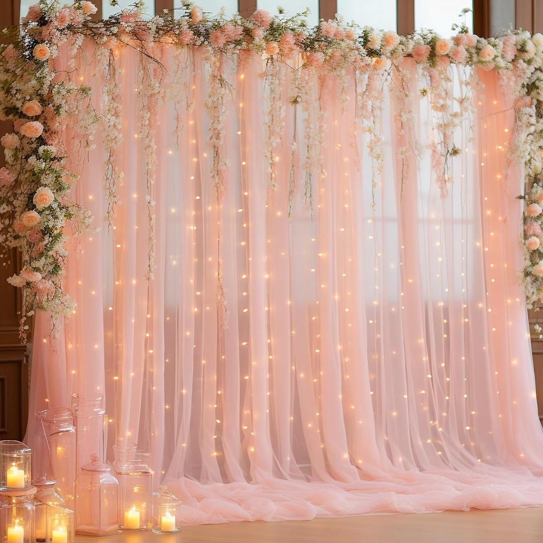 10x10ft Peach Tulle Backdrop Curtain with Lights String for Parites, Sheer Backdrop Curtains for Wedding Baby Shower Birthday Party Photo Shoot Decorations (10ft x 10ft(2 Panels 5*10ft))