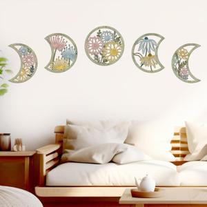KOYILTD 5 Pieces Boho Wall Decoration Wooden Moon Room Decor Colorful Floral Wall Art Room Decor Aesthetic Farmhouse Wall Decor for Home Bedroom Living Room Bathroom (Colorful)