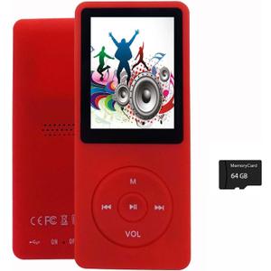 64GB MP3 Player, Portable Music Player for Kids with Earphone Speaker, Support Photo/Video Play/Voice Recorder/E-Book Reader, Red, Supports up to 128GB