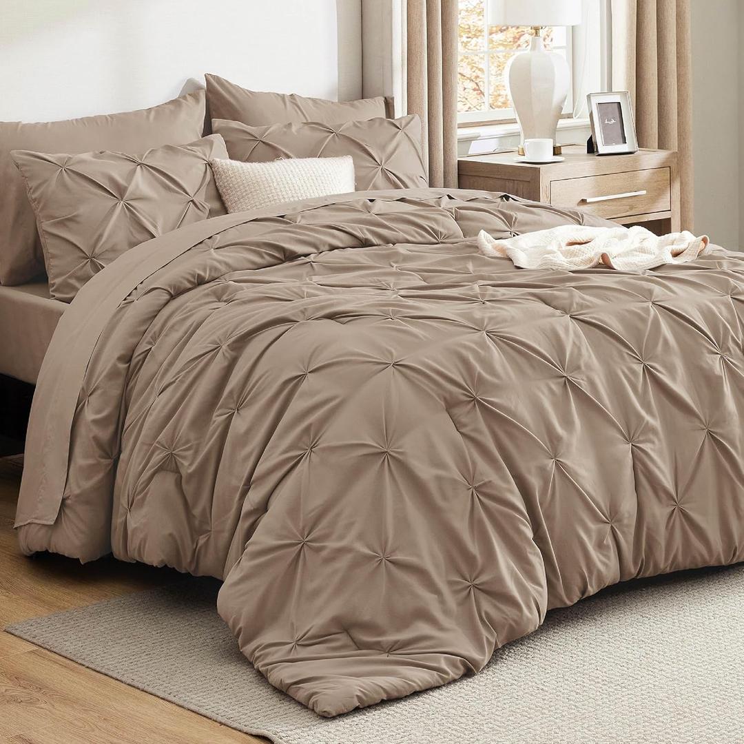 Bedsure California King Comforter Set Khaki - Bed in a Bag Cal King Bedding Set 7 Pieces, GentleSoft Pintuck Bed Set Gift for Family, Pinch Pleat Khaki Comforter with Sheets, Pillowcases & Shams