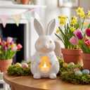 Easter Bunny Figurines 11 Inch Light up Easter Bunny Decorations White Resin Rabbit Figurines for Spring Indoor Rustic Decor Home Table Room Kitchen(Flower Style)