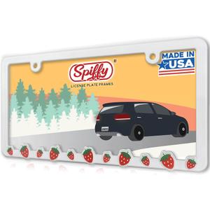 Cute Pink Strawberry License Plate Frame for women by Spiffy Accessories | Kawaii White License Plate Cover | Aesthetic Boho Pretty Tag Holder for Cars | Great Gift for New Car Owner | Made in the USA
