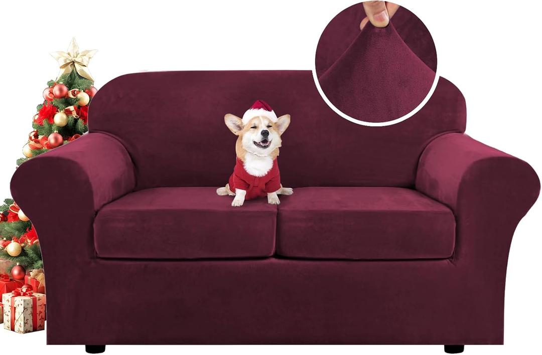 H.VERSAILTEX Real Velvet Plush 3 Piece Stretch Sofa Covers Couch Covers for 2 Cushion Couch Loveseat Covers Width Up to 72 Inch Feature Thick Soft Stay in Place (Medium Sofa, Burgundy)