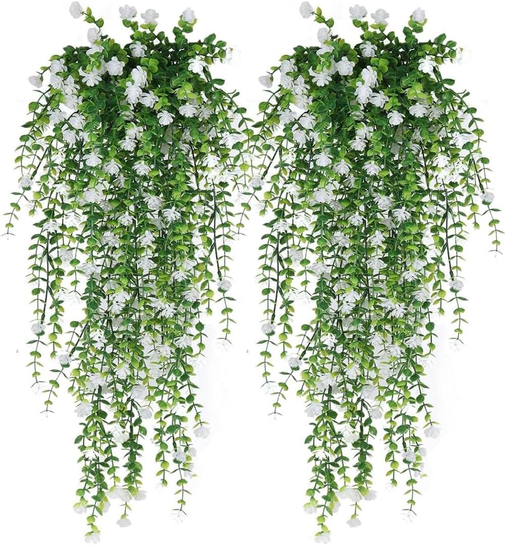 Artificial Hanging Flowers for Outdoor Indoor Decor, 6 Packs Fake Eucalyptus Vine Faux Flower Greenery Garland Plastic Plants Outside Wall Garden Wedding Home Party Decor (White)