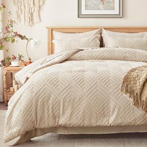 Zzlpp Queen Comforter Set 7 Pieces, Beige Bed in a Bag Queen Size, Tufted Boho Bedding Set with 1 Comforter, 2 Pillow Shams, 2 Pillowcases, 1 Flat Sheet, 1 Fitted Sheet
