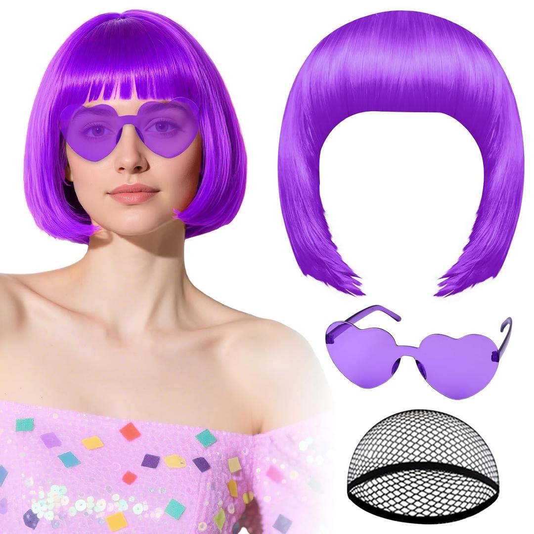 PLULON Purple Bob Wig with Heart Sunglasses and Hair Cap, Colorful Short Bob Wigs Synthetic Party Wigs Funny Cosplay Hairpieces for Women Men Neon Bachelorette Halloween Costume Party Decorations