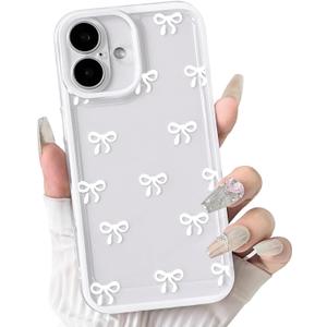 NITITOP Compatible with iPhone 16 Plus Case Clear Cute Durable Bowknot Ribbon Pattern for Girls Women Transparent Soft TPU Full Camera Lens Shockproof Protective Phone Cover - White2