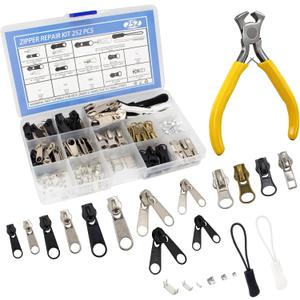 252Pcs Zipper Repair Kit Replacement Zippers Sliders Universal Zippers Fix Repair with Pulls and Pliers for Clothes Backpack Boot Tent DIY #3#5#8 Sizes