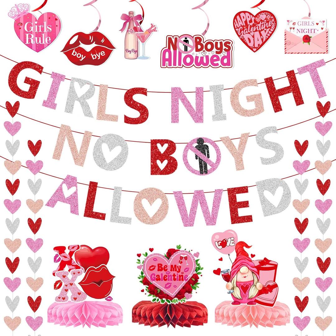 2 x Galentines Day Decorations for Party: Glitter Happy Galentines Day Banner Red Heart Garland No Boys Allowed Sign Hanging Swirls Honeycomb Centerpieces for Girls Night Party Decor
