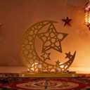 Gold Ramadan Decorations for Home, Star and Crescent Moon Silhouette Tealight Candle Holder with 2 Glass Votives, Wooden Tray Eid Mubarak Table Decor Centerpiece, Islamic Ramadan Kareem Gifts